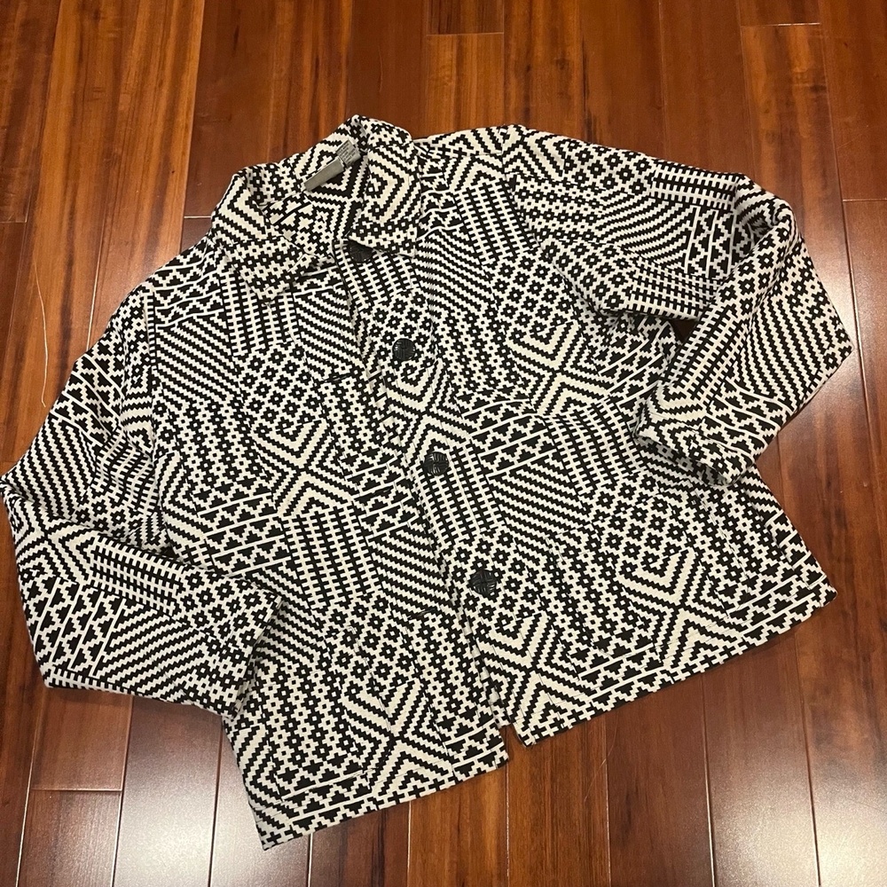 Chicos Vintage Geometric Jacket Black White Thick‎ Fabric Long Sleeve Blazer 0 S
